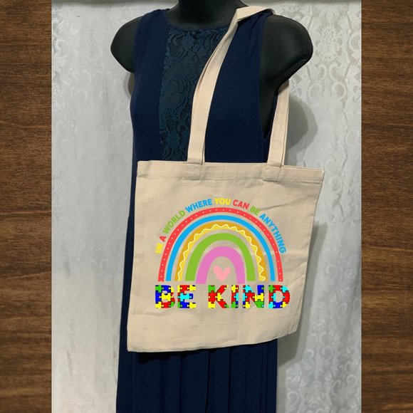 Be Kind Autism Awareness-Double Strap Cotton Canvas EcoFriendly Shoulder Tote - Picture 1 of 3